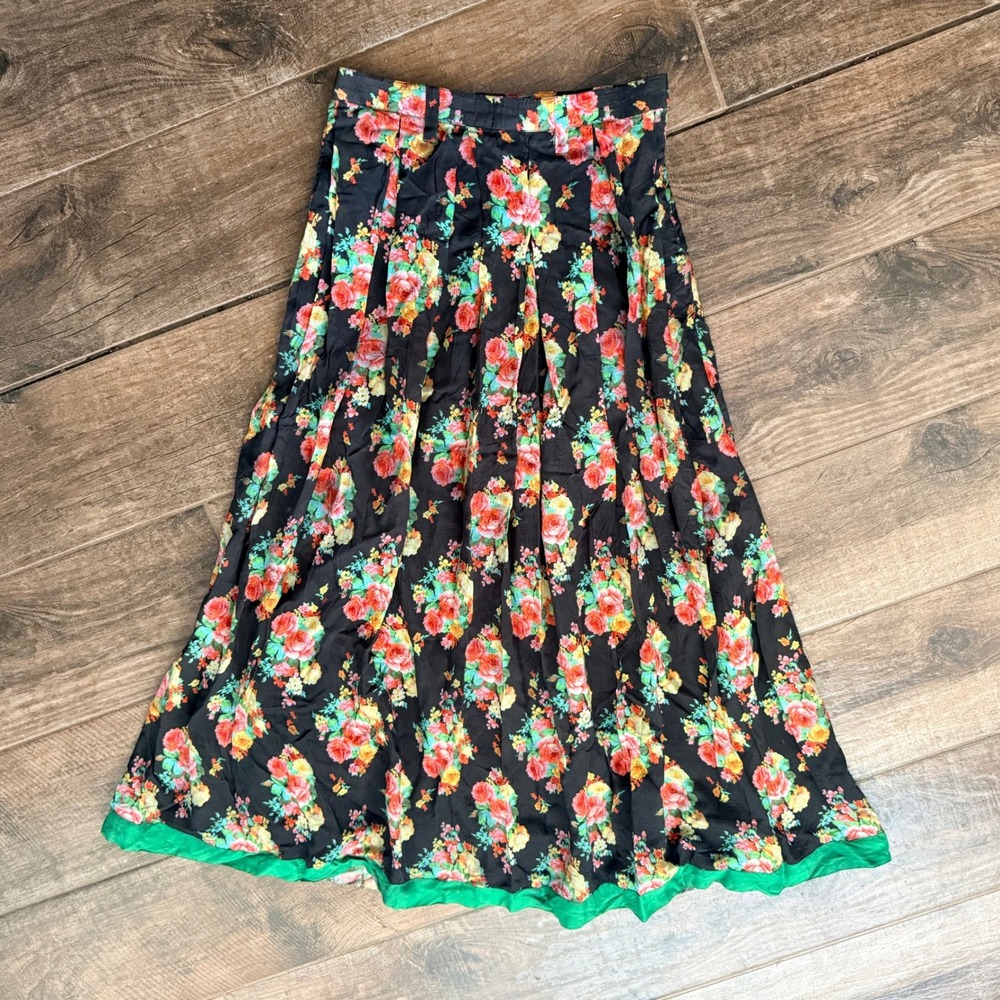 Vintage Women's High Waist Floral Pleated A-Line Maxi Skirt, Black Green, L